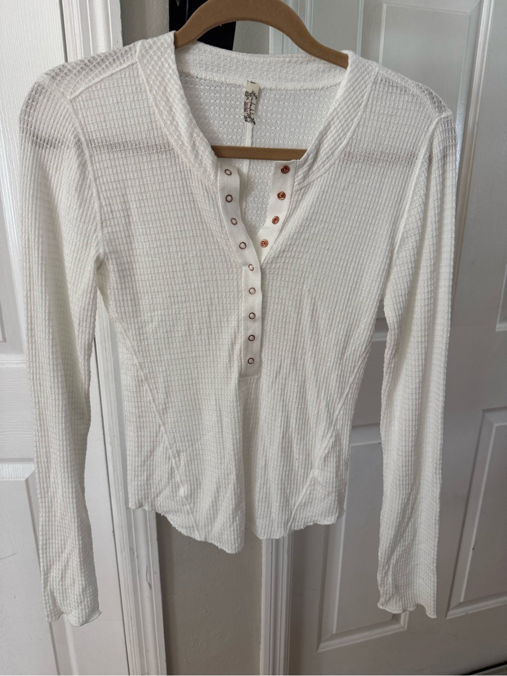 Free People White Waffle-Knit Long Sleeve Henley